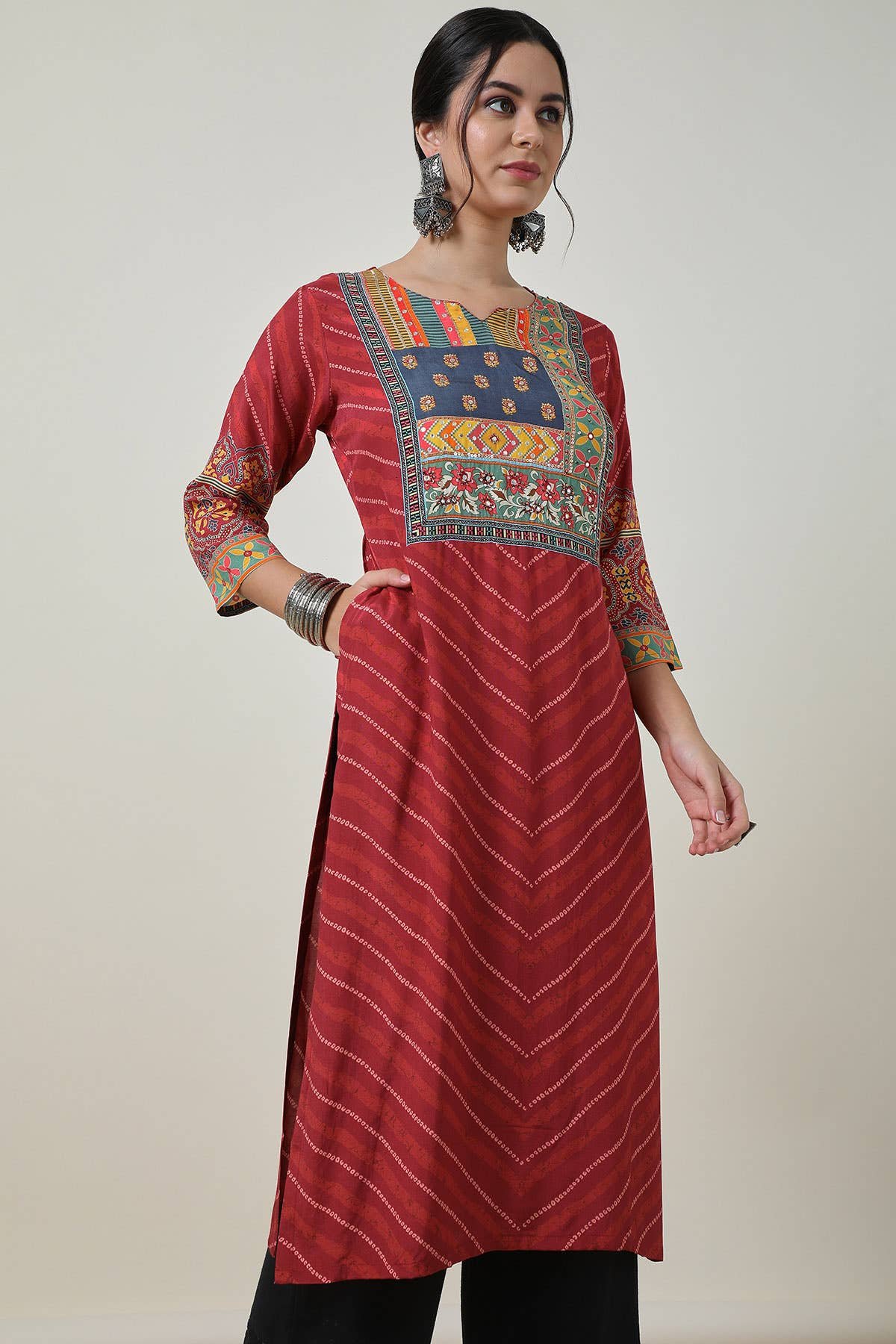 Brick Red Viscose Muslin Bandhani Print Kurta - Image 3