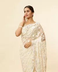 Ivory Cream Bel Buti Patterned Mirror and Stone Work Saree - Image 5